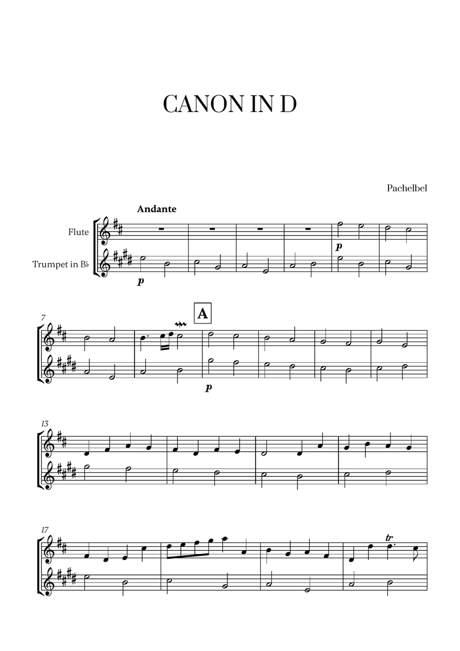 Pachelbel - Canon in D (for Flute and Trumpet) Flute scores gallery preview page 1