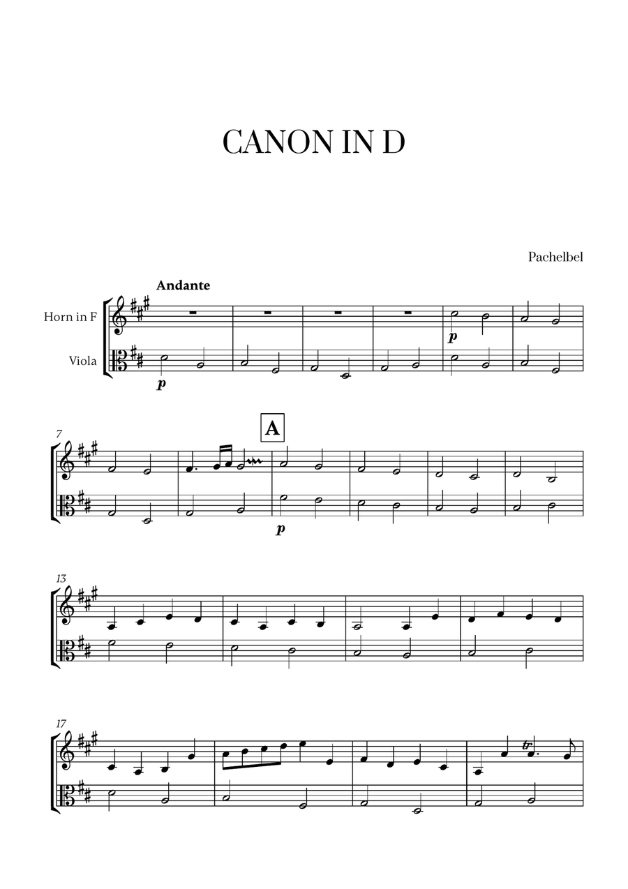 Pachelbel - Canon in D (for French Horn and Viola) Horn scores gallery preview page 1