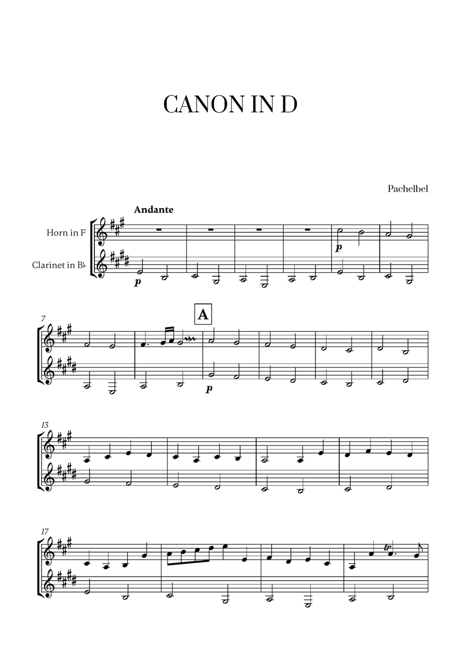 Pachelbel - Canon in D (for French Horn and Clarinet) Woodwind Duet scores gallery preview page 1