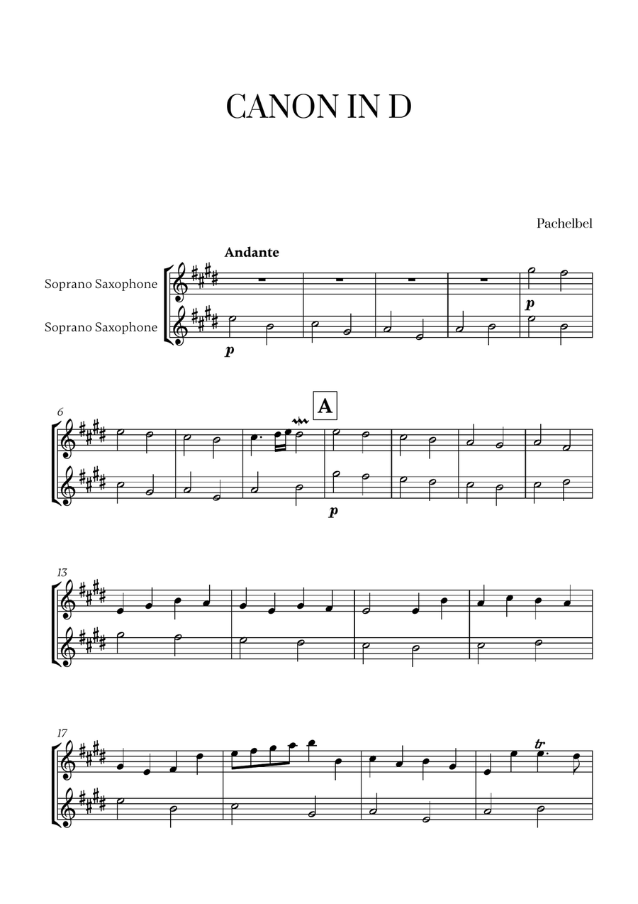 Pachelbel - Canon in D (for Soprano Saxophone Duet) Woodwind Duet scores gallery preview page 1