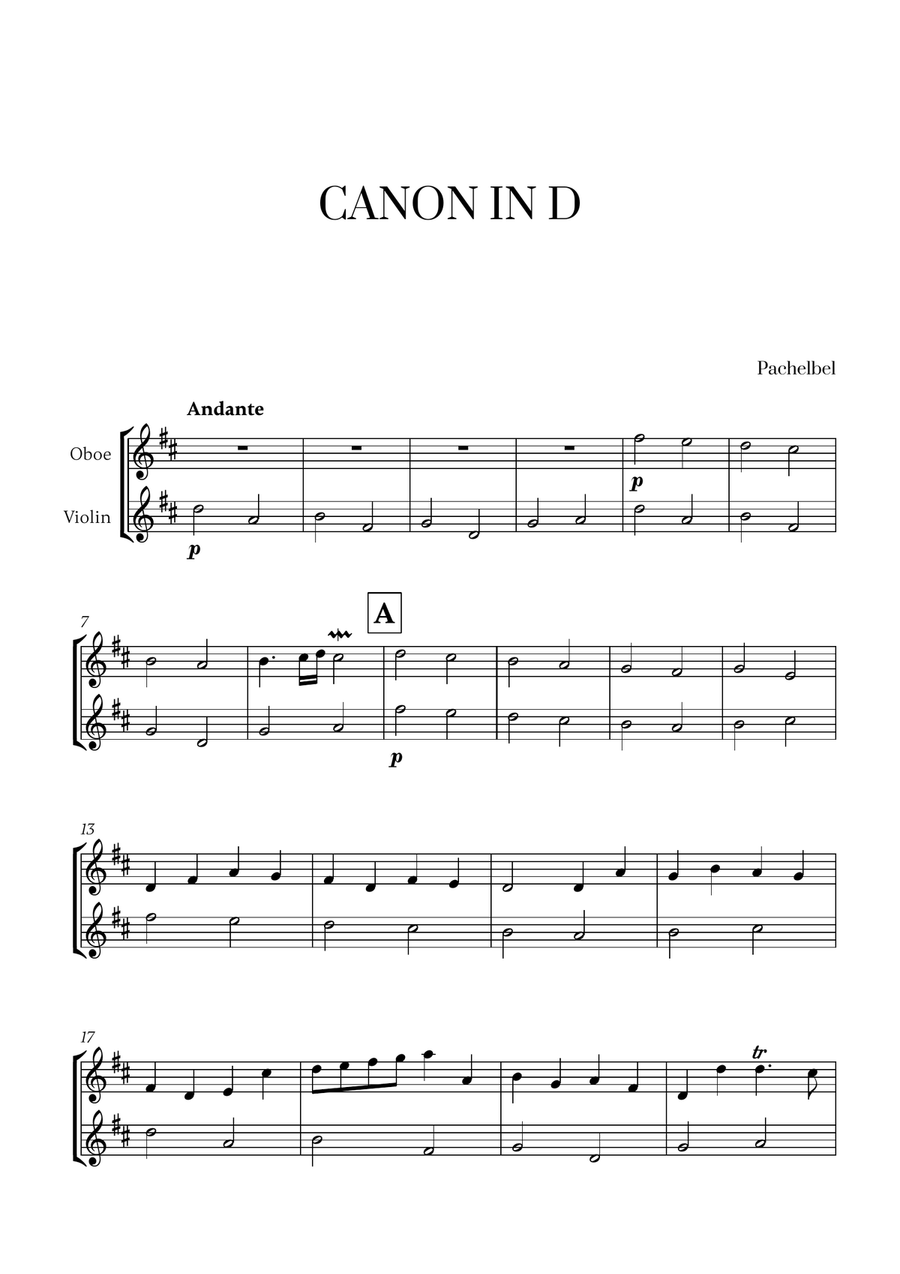 Pachelbel - Canon in D (for Oboe and Violin) Oboe scores gallery preview page 1
