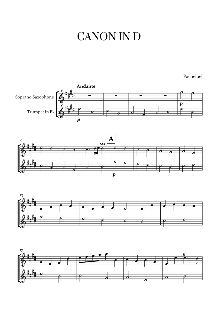 Pachelbel - Canon in D (for Soprano Saxophone and Trumpet) Soprano Saxophone scores gallery preview page 1