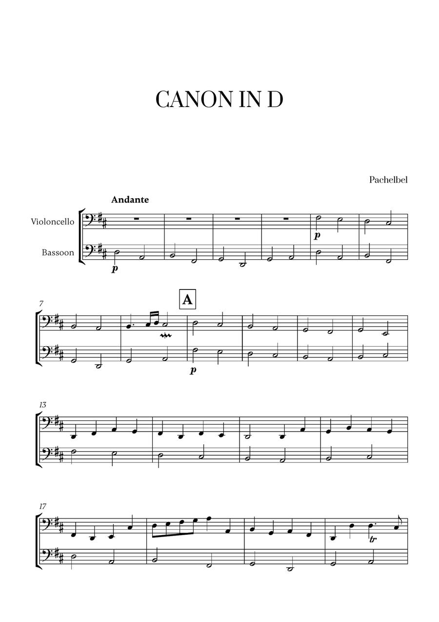 Pachelbel - Canon in D (for Cello and Bassoon) Bassoon scores gallery preview page 1