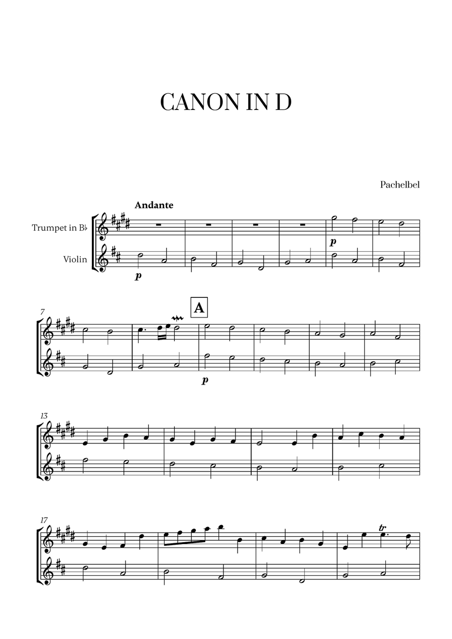 Pachelbel - Canon in D (for Trumpet and Violin) B-Flat Trumpet scores gallery preview page 1