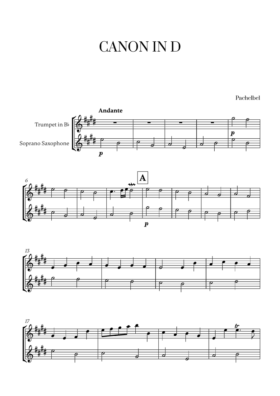 Pachelbel - Canon in D (for Trumpet and Soprano Saxophone) Soprano Saxophone scores gallery preview page 1