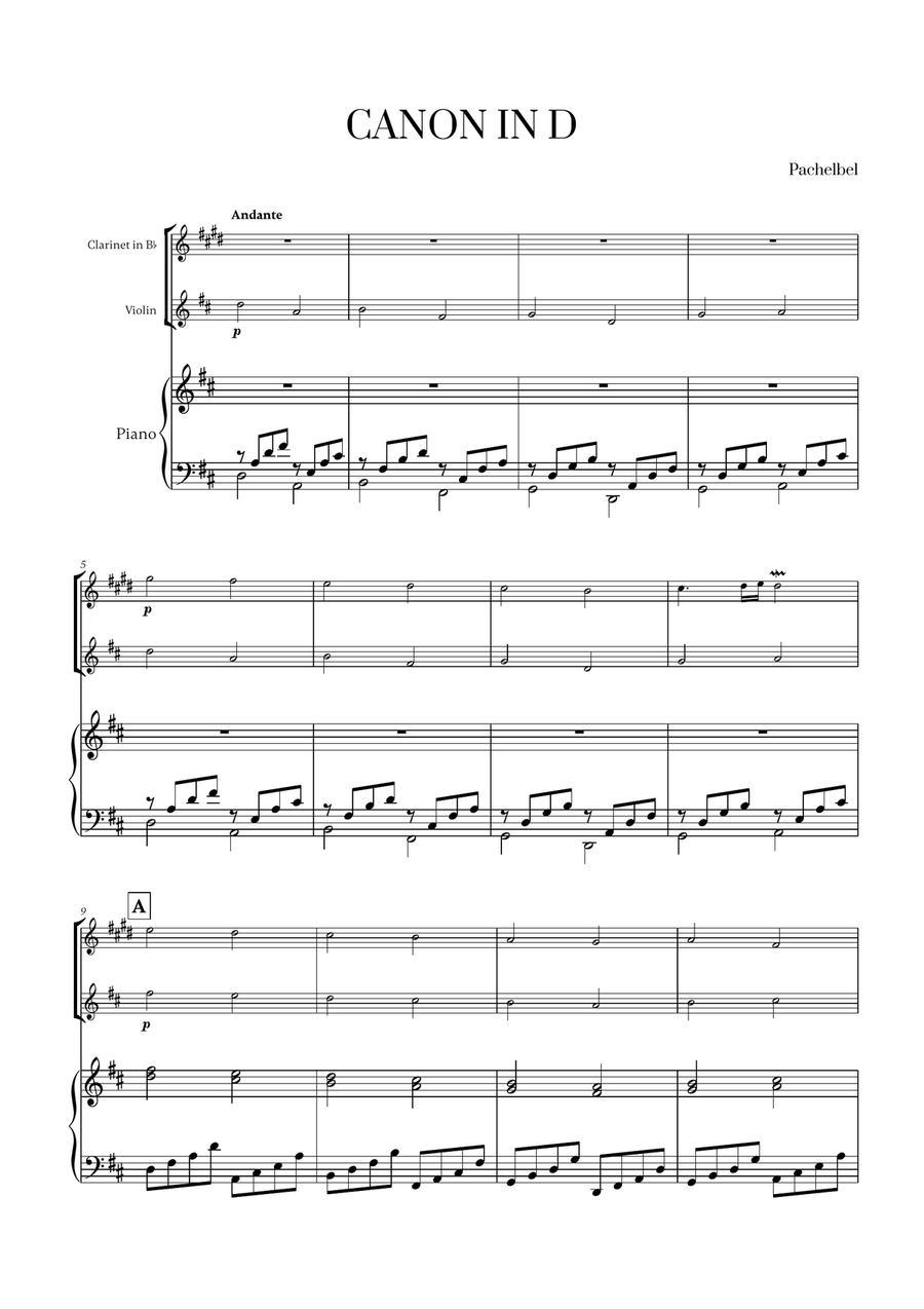 Pachelbel - Canon in D (for Clarinet, Violin and Piano) B-Flat Clarinet scores gallery preview page 1