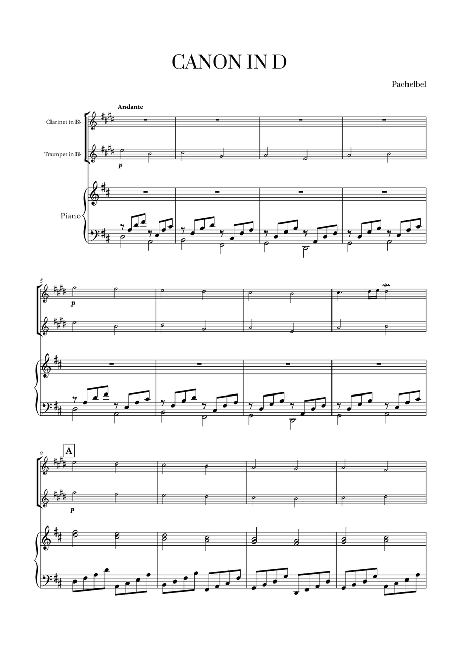 Pachelbel - Canon in D (for Clarinet, Trumpet and Piano) B-Flat Clarinet scores gallery preview page 1