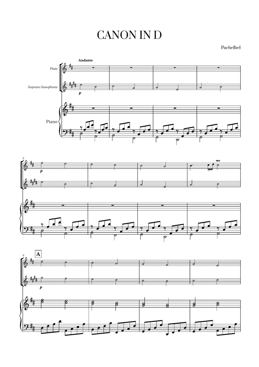 Pachelbel - Canon in D (for Flute, Soprano Saxophone and Piano) Woodwind Duet scores gallery preview page 1