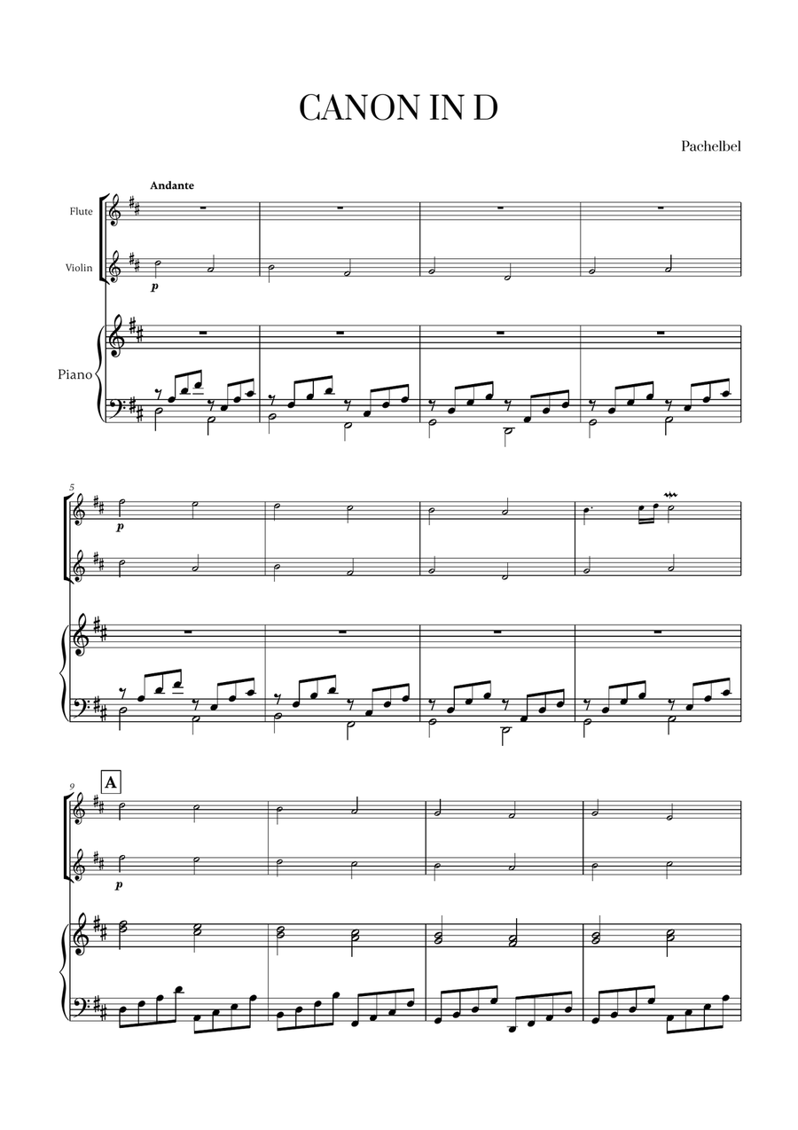 Pachelbel - Canon in D (for Flute, Violin and Piano) Flute scores gallery preview page 1