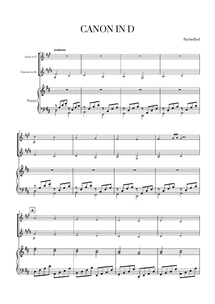 Pachelbel - Canon in D (for French Horn, Clarinet and Piano) Woodwind Duet scores gallery preview page 1