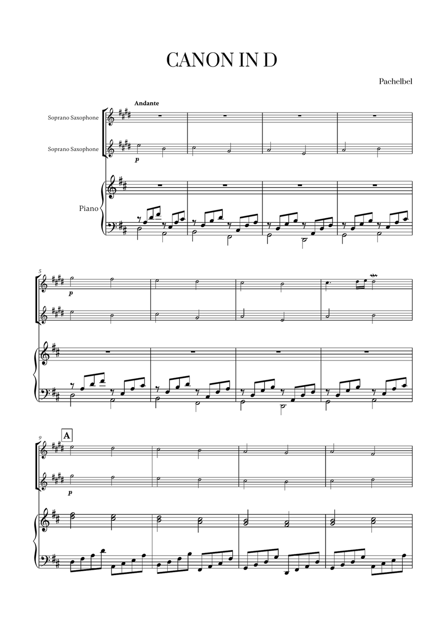 Pachelbel - Canon in D (for Soprano Saxophone Duet and Piano) Woodwind Duet scores gallery preview page 1