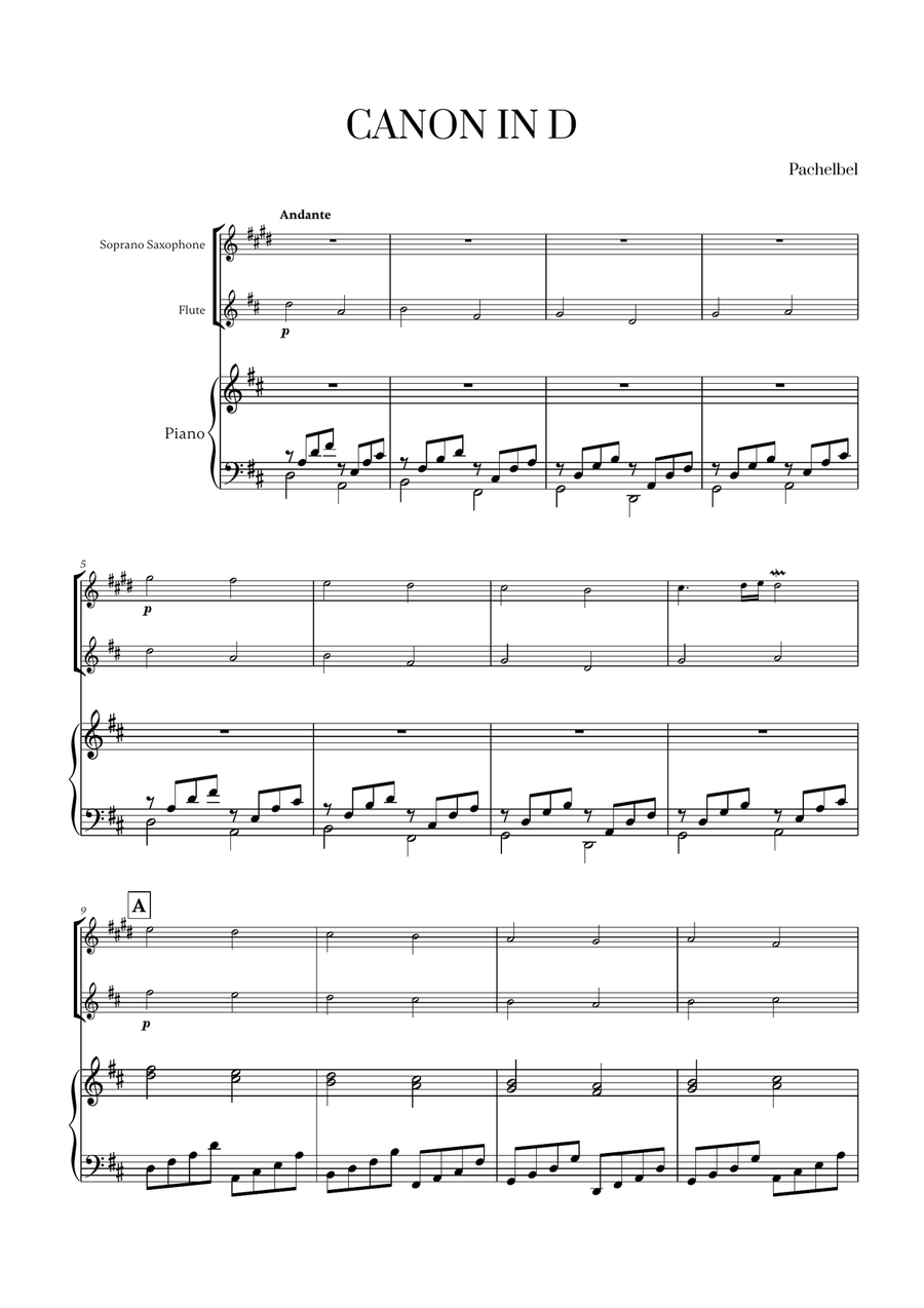 Pachelbel - Canon in D (for Soprano Saxophone, Flute and Piano) Woodwind Duet scores gallery preview page 1