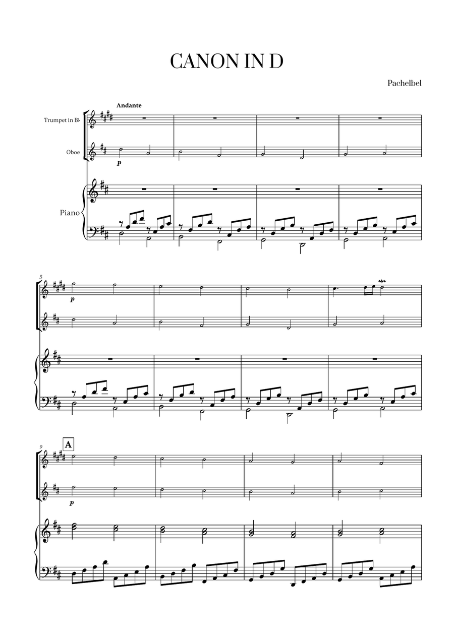 Pachelbel - Canon in D (for Trumpet, Oboe and Piano) Trumpet Duet scores gallery preview page 1