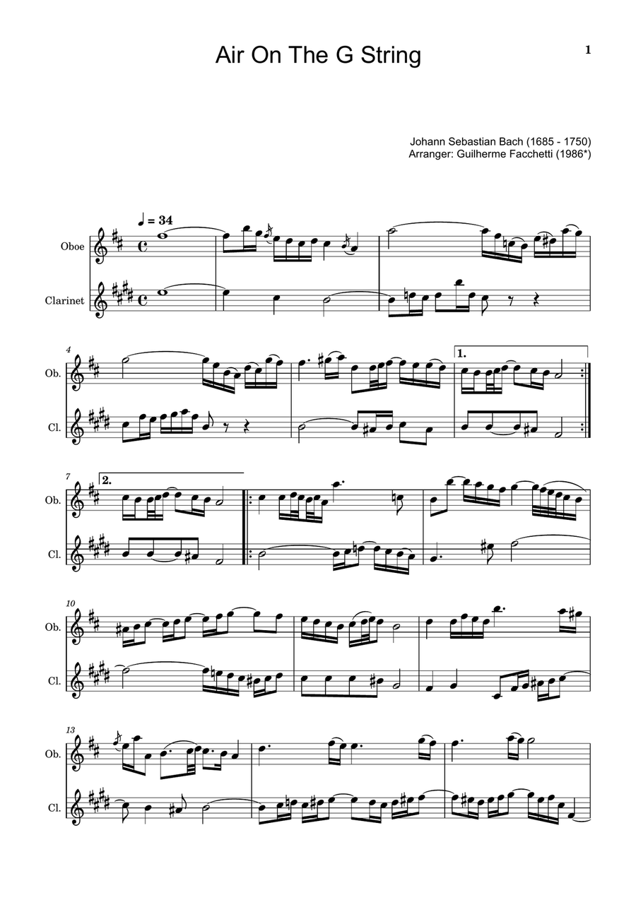 Air on the G String. For Oboe and Clarinet. Chamber Music scores gallery preview page 1