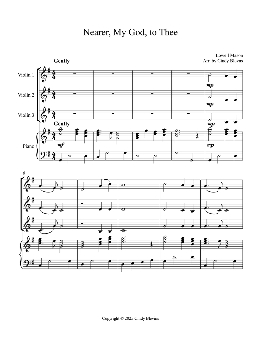 Nearer, My God, to Thee, for Three Violins and Piano Small Ensemble scores gallery preview page 2