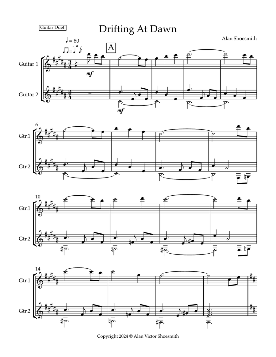 Drifting At Dawn - guitar duet (score and separate parts in standard notation only - no tab) Chamber Music scores gallery preview page 1