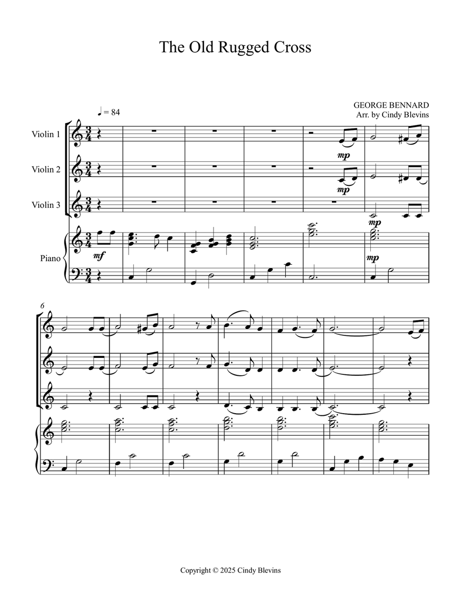 The Old Rugged Cross, for Three Violins and Piano Small Ensemble scores gallery preview page 2