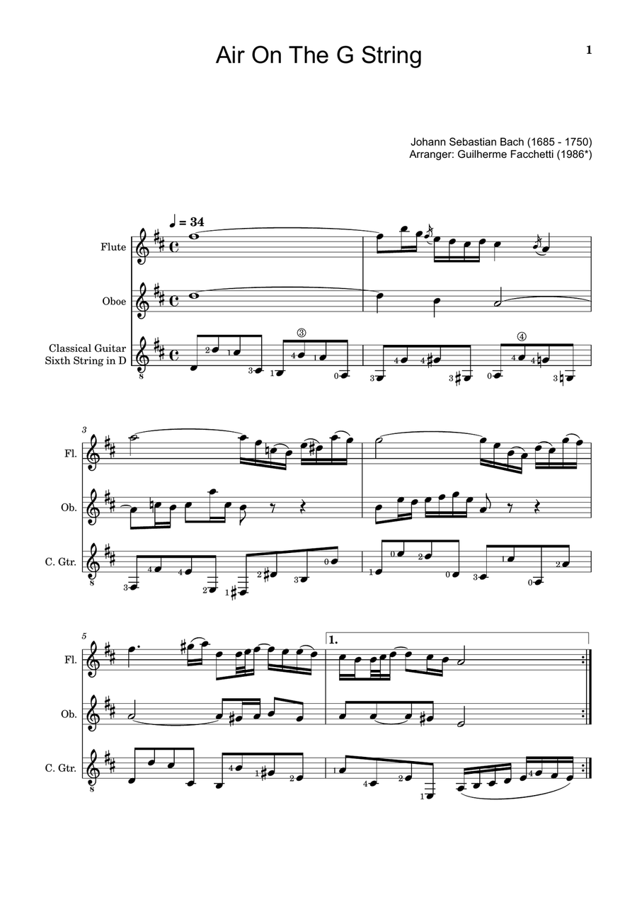 Air on the G String. For Flute, Oboe and Guitar. Score and Parts. Small Ensemble scores gallery preview page 1