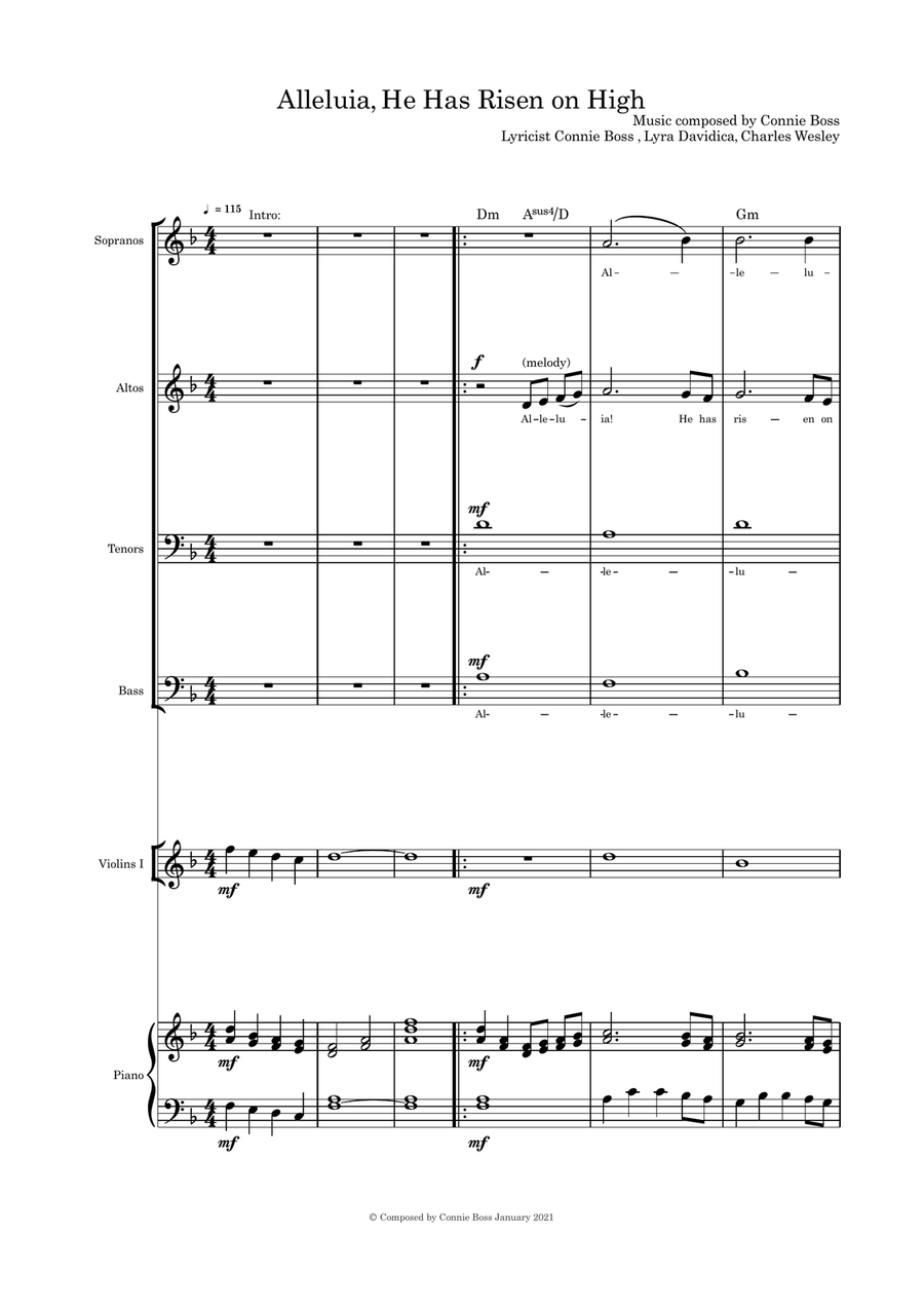 Alleluia, He Has Risen on High SATB optional instruments and piano with parts 4-Part scores gallery preview page 1