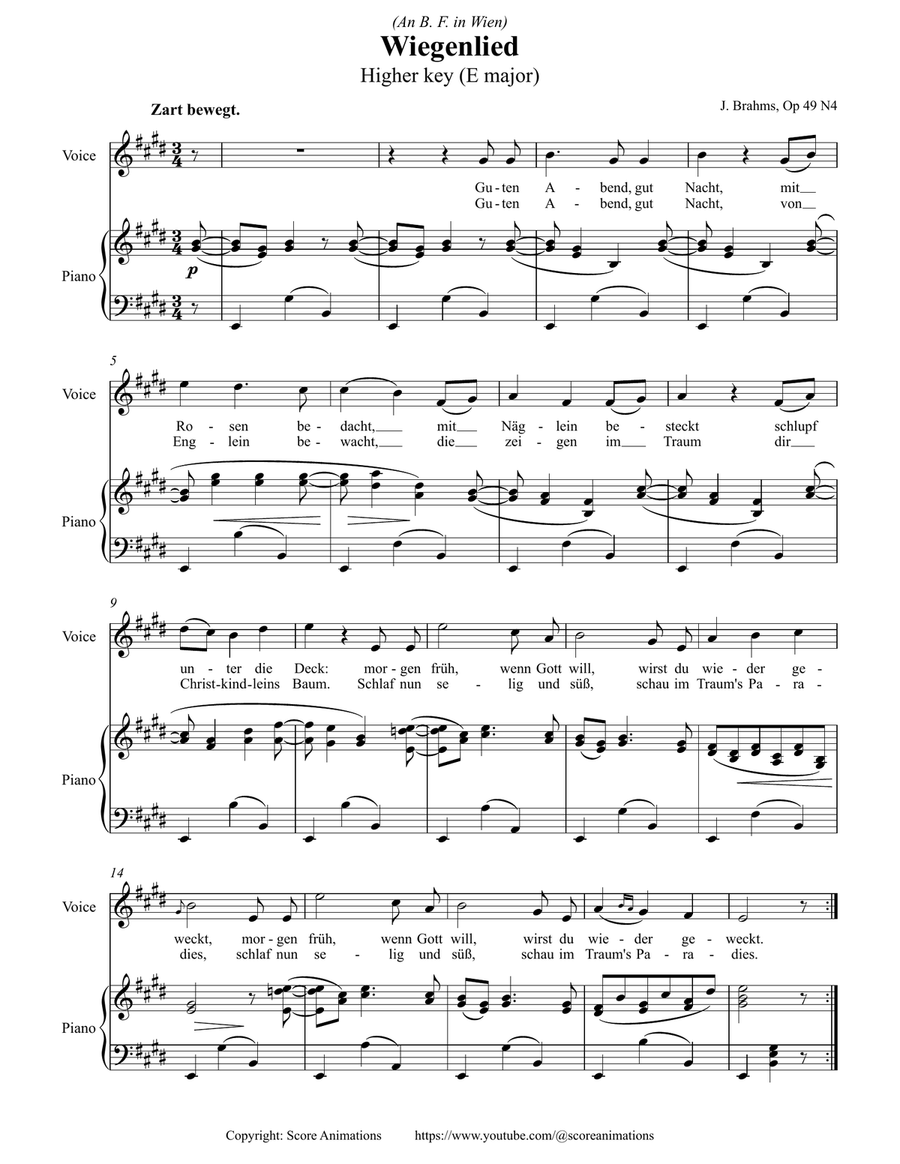 BRAHMS. “Wiegenlied“ Op. 49 No 4 Higher key (E major) Piano, Vocal scores gallery preview page 1