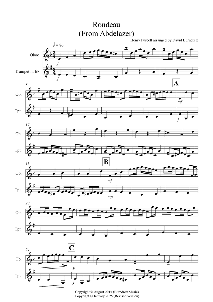 Rondeau (from Abdelazer) for Oboe and Trumpet Duet Trumpet Duet scores gallery preview page 1