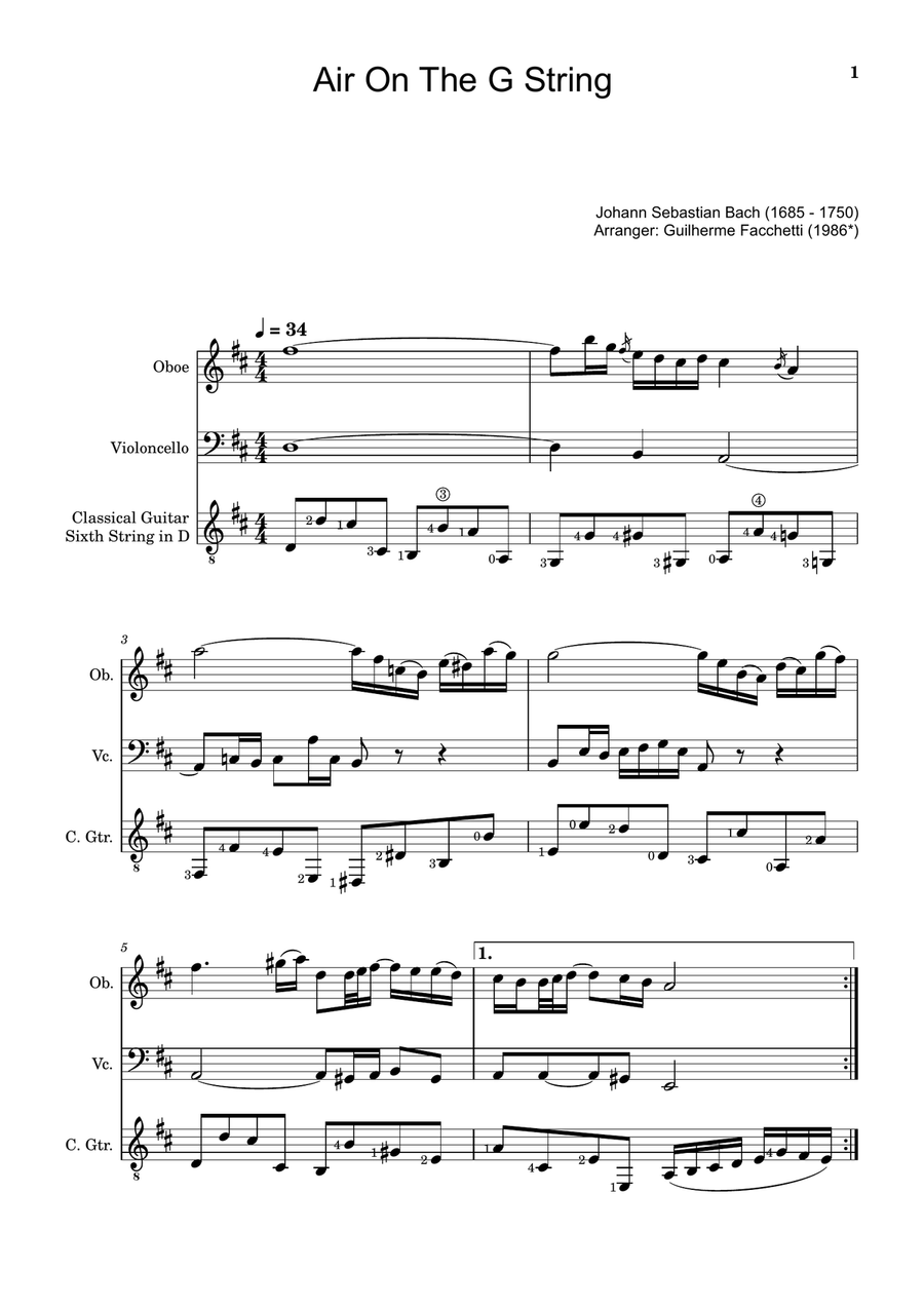 Air on the G String. For Oboe, Violoncello and Guitar. Score and Parts. Small Ensemble scores gallery preview page 1