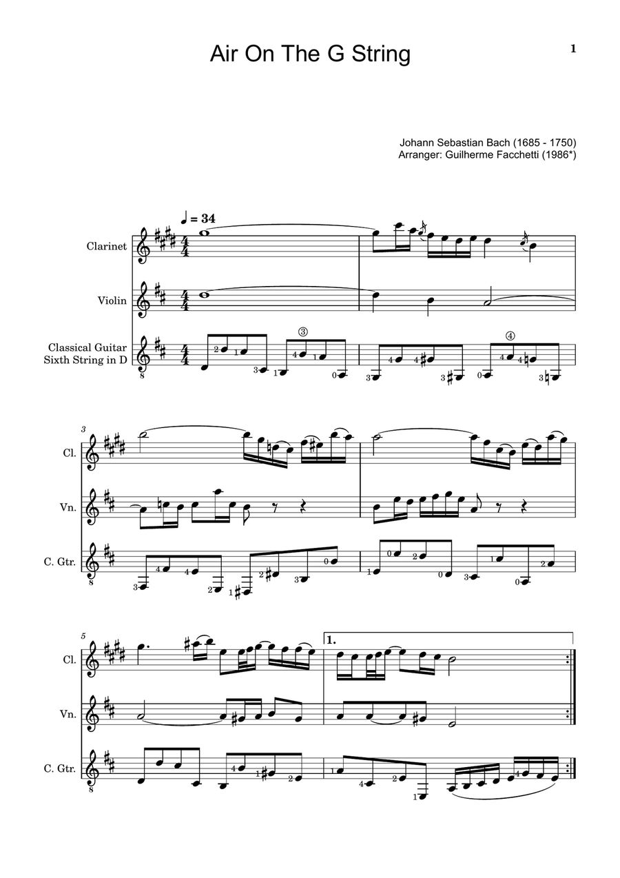 Air on the G String. For Clarinet, Violin and Guitar. Score and Parts. Small Ensemble scores gallery preview page 1
