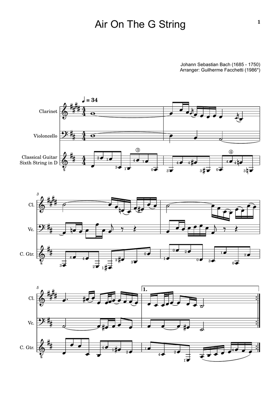 Air on the G String. For Clarinet, Violoncello and Guitar. Score and Parts. Small Ensemble scores gallery preview page 1