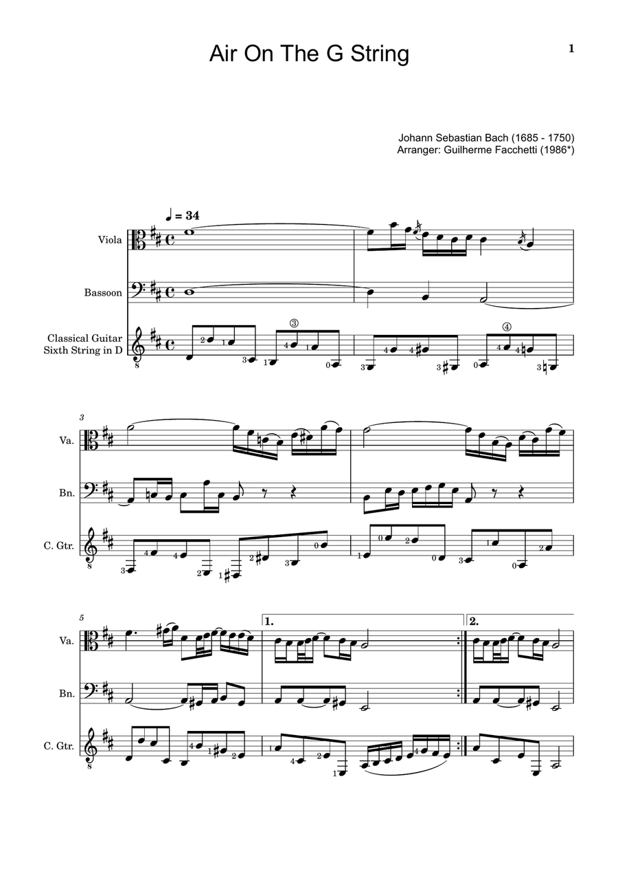 Air on the G String. For Viola, Bassoon and Guitar. Score and Parts. Small Ensemble scores gallery preview page 1