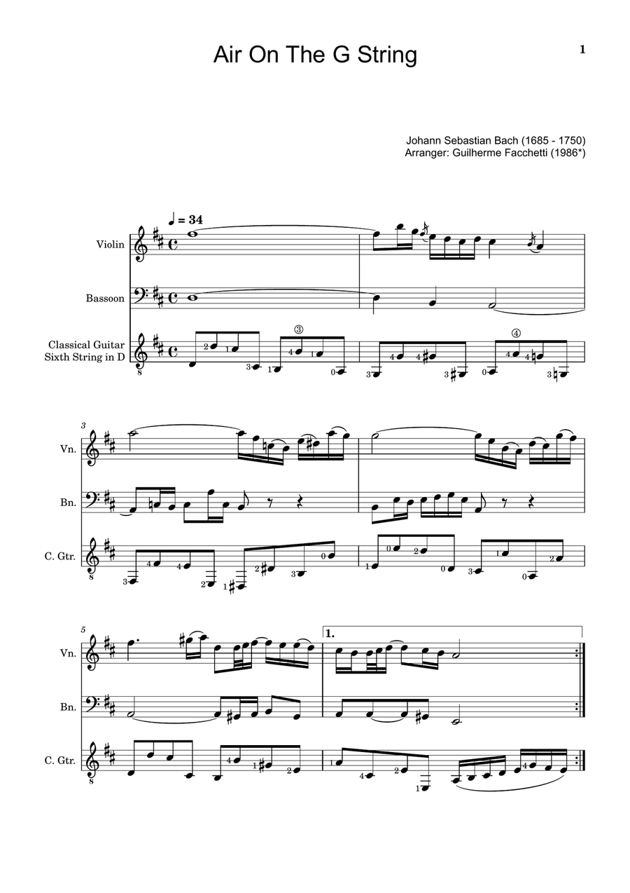 Air on the G String. For Violin, Bassoon and Guitar. Score and Parts. Small Ensemble scores gallery preview page 1