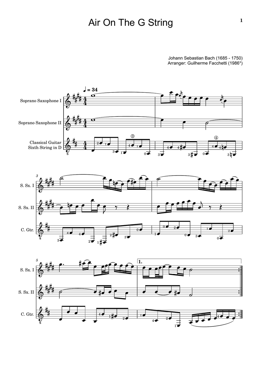Air on the G String. For Soprano Sax Duet and Guitar. Score and Parts. Small Ensemble scores gallery preview page 1