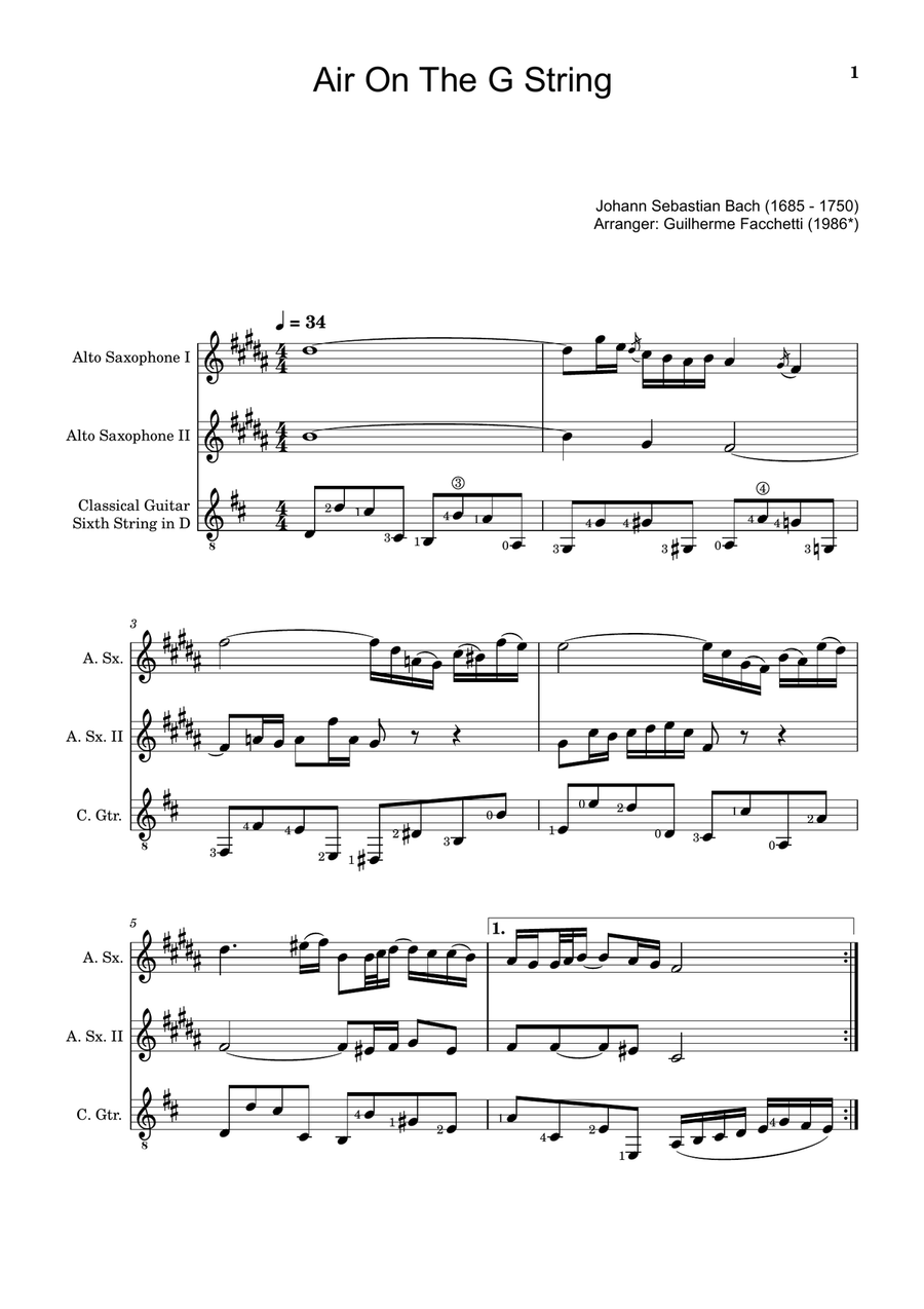Air on the G String. For Alto Sax Duet and Guitar. Score and Parts. Small Ensemble scores gallery preview page 1