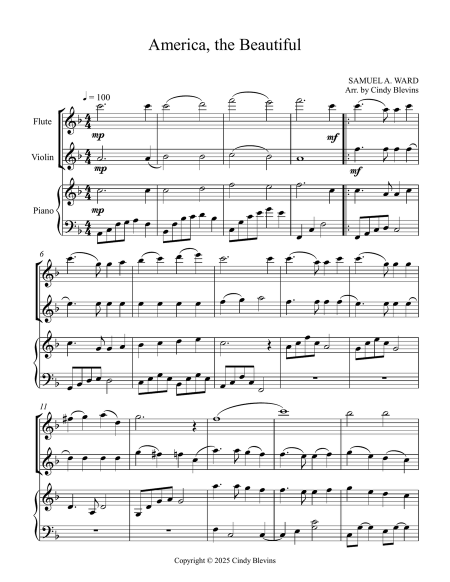 America, the Beautiful, for Flute, Violin and Piano Flute scores gallery preview page 2