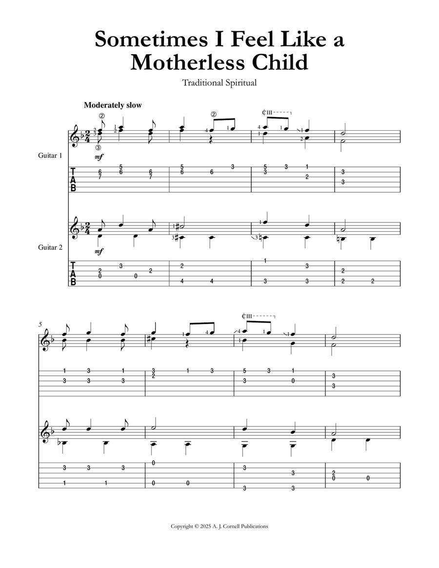 Sometimes I Feel Like a Motherless Child Guitar scores gallery preview page 1