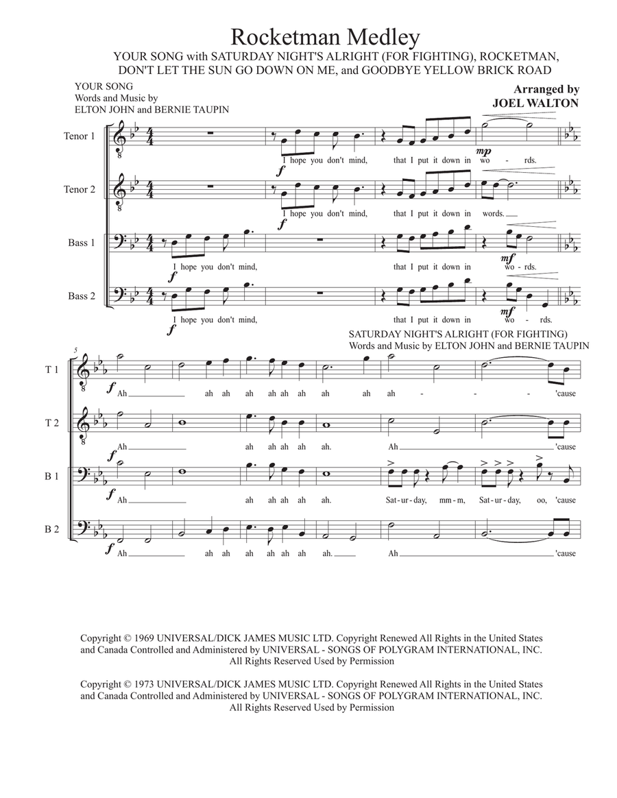 Medley: Your Song with Saturday Night's Alright (For Fighting), Rocket Man (I Think It's Gonna Be... TTBB scores gallery preview page 1