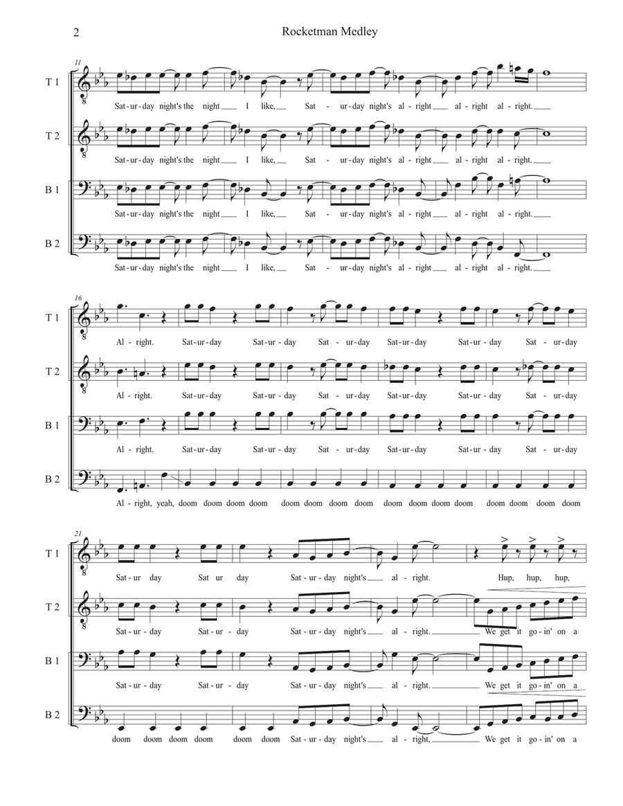 Medley: Your Song with Saturday Night's Alright (For Fighting), Rocket Man (I Think It's Gonna Be... TTBB scores gallery preview page 2