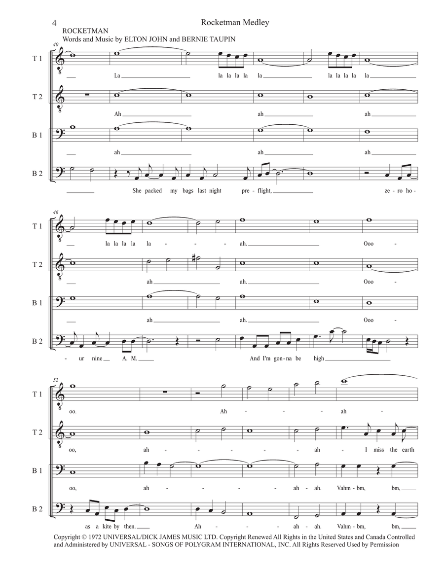 Medley: Your Song with Saturday Night's Alright (For Fighting), Rocket Man (I Think It's Gonna Be... TTBB scores gallery preview page 4