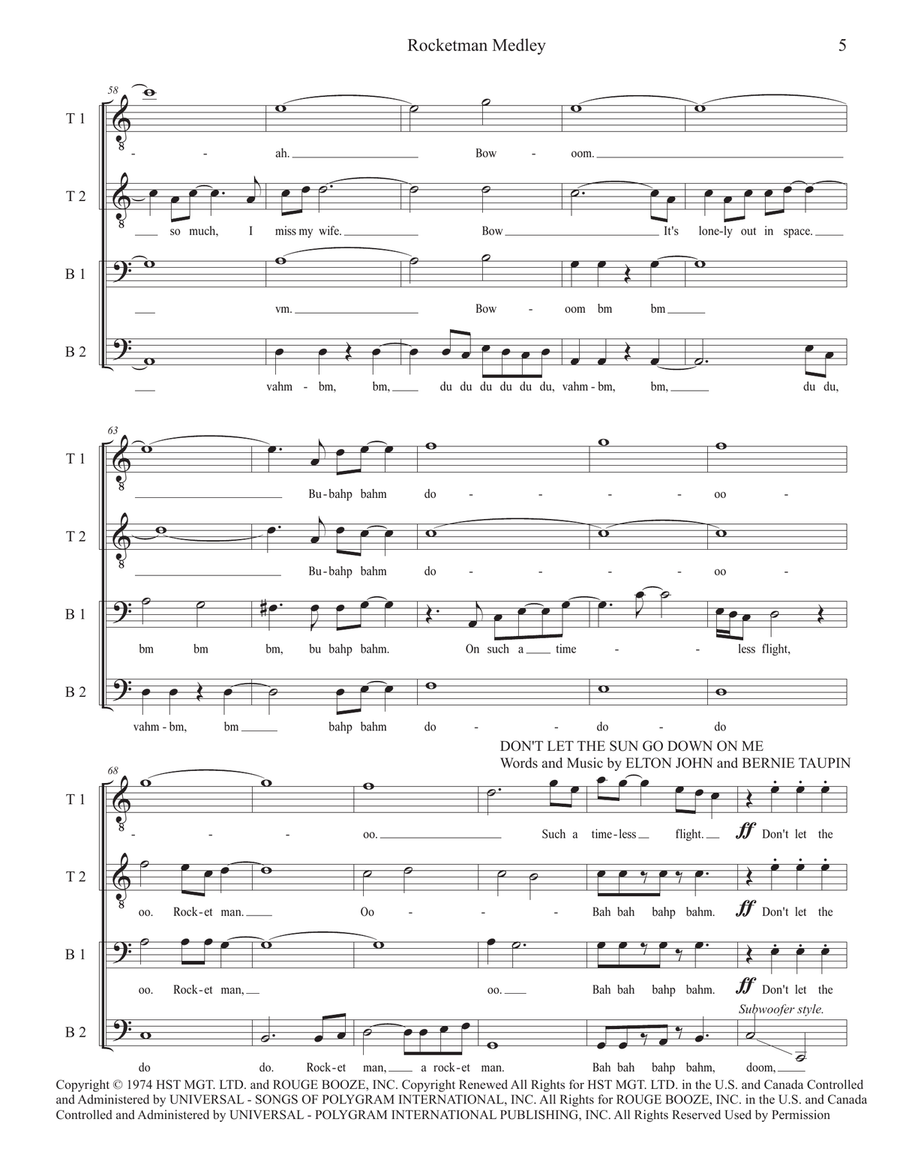 Medley: Your Song with Saturday Night's Alright (For Fighting), Rocket Man (I Think It's Gonna Be... TTBB scores gallery preview page 5