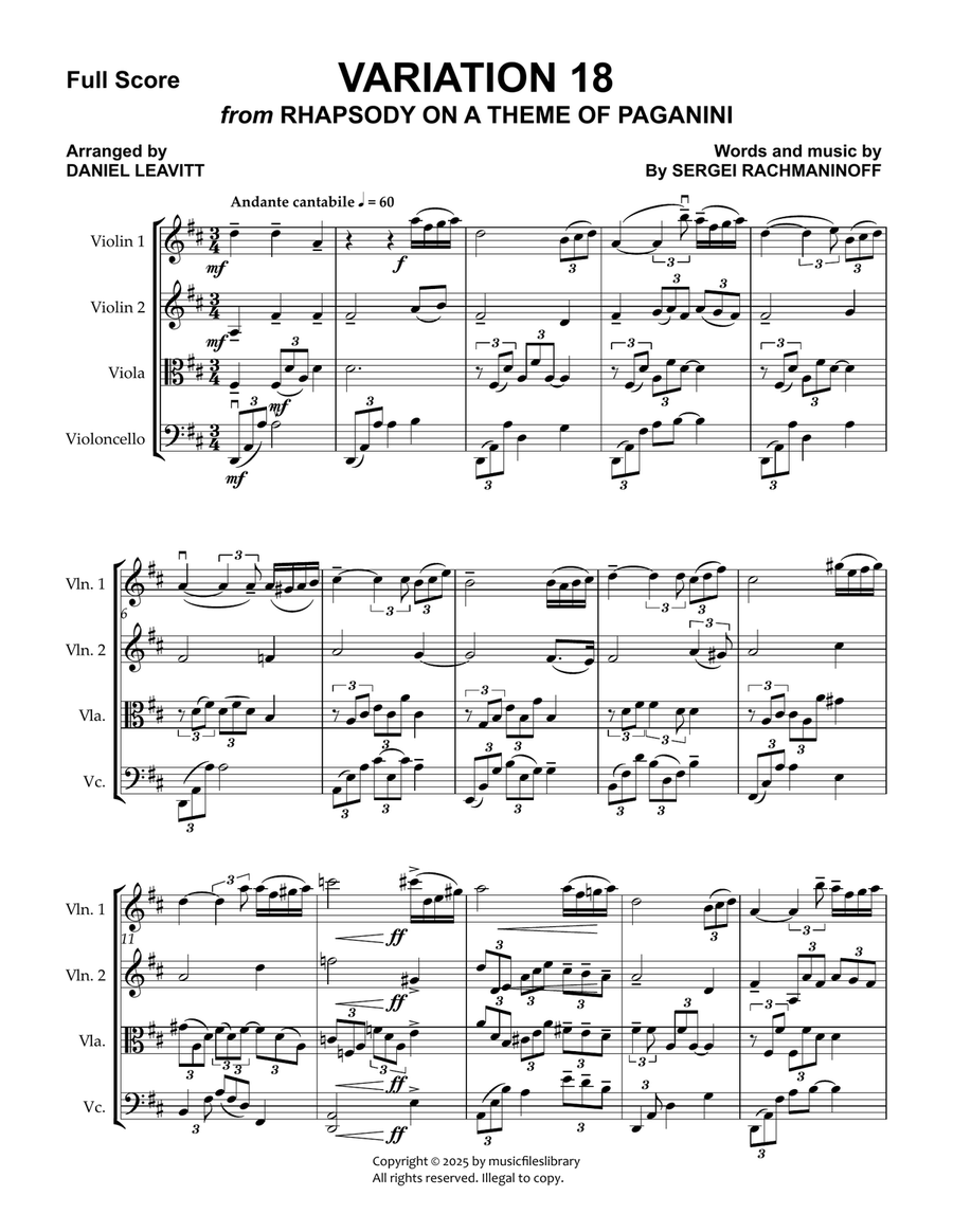 Variation 18 from Rhapsody on a Theme of Paganini String Quartet scores gallery preview page 1