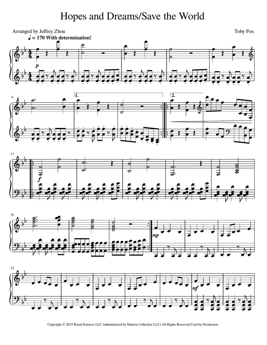 Hopes & Dreams Save The World His Theme Piano Solo scores gallery preview page 1