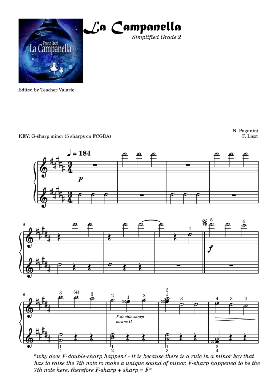 La Campanella - Grade 2 Easy with note names, finger numbers, large fonts SELF LEARNING SERIES Piano Solo scores gallery preview page 1