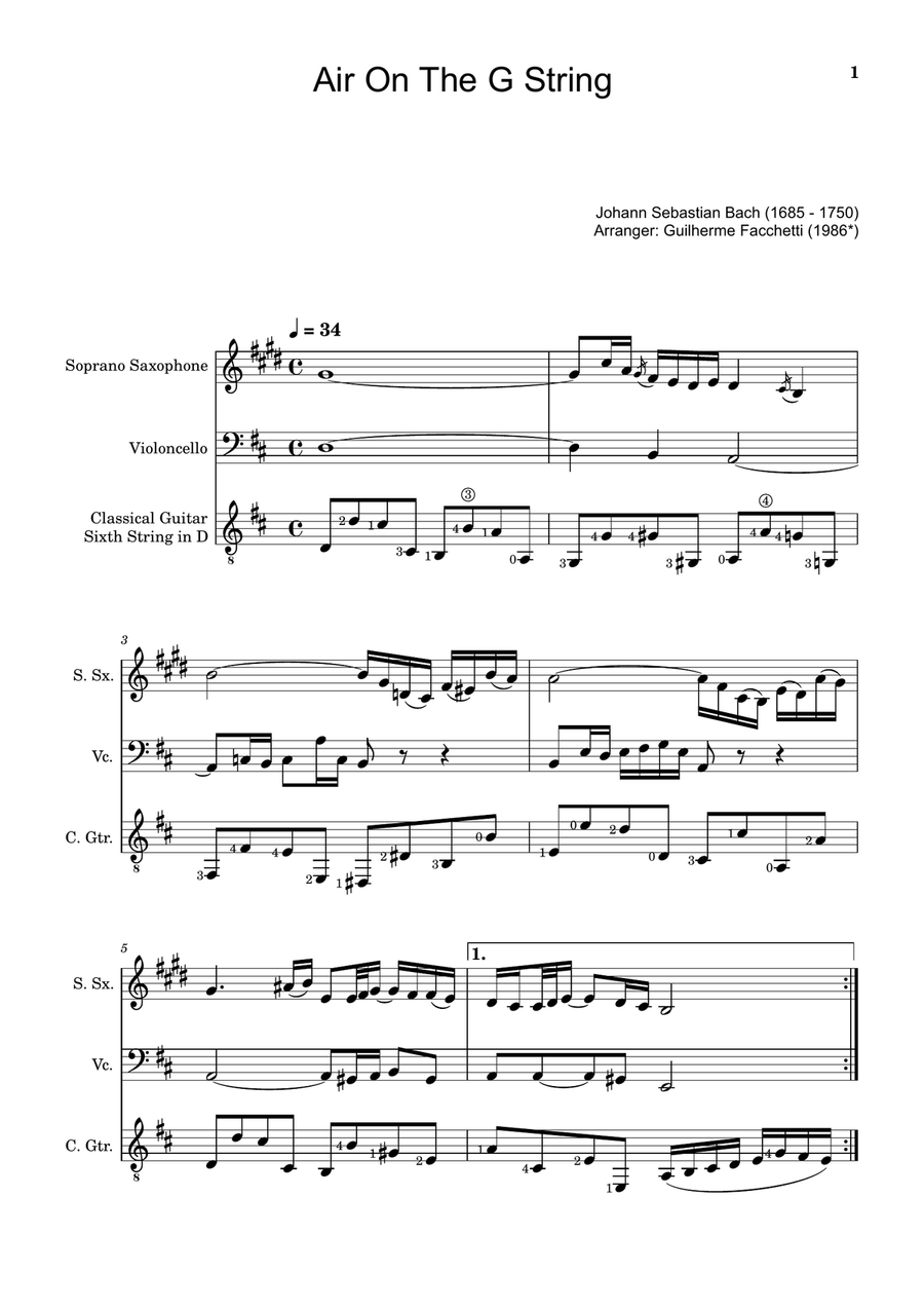Air on the G String. For S. Sax, Cello and Guitar. Score and Parts. Small Ensemble scores gallery preview page 1