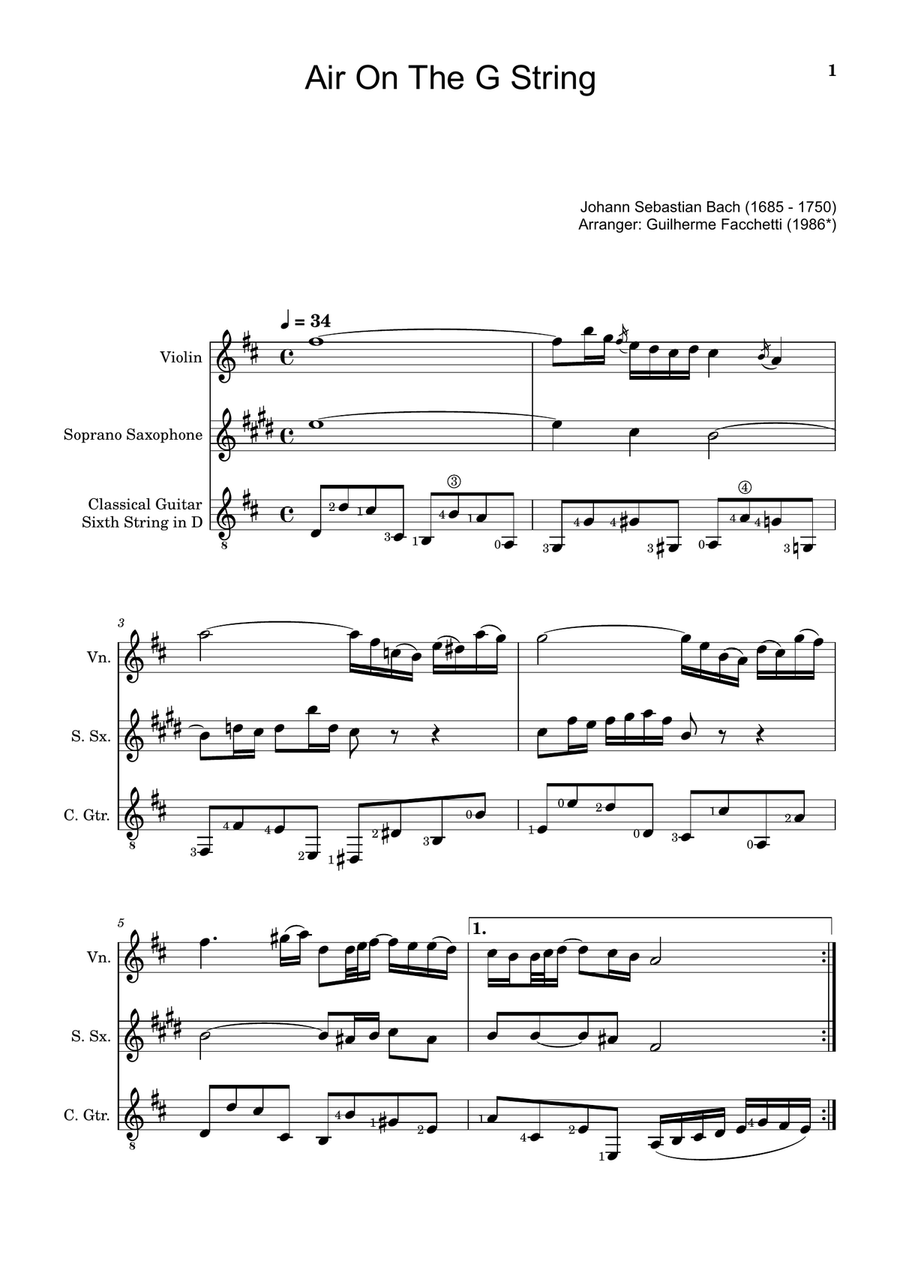 Air on the G String. For Violin, S. Sax and Guitar. Score and Parts. Small Ensemble scores gallery preview page 1