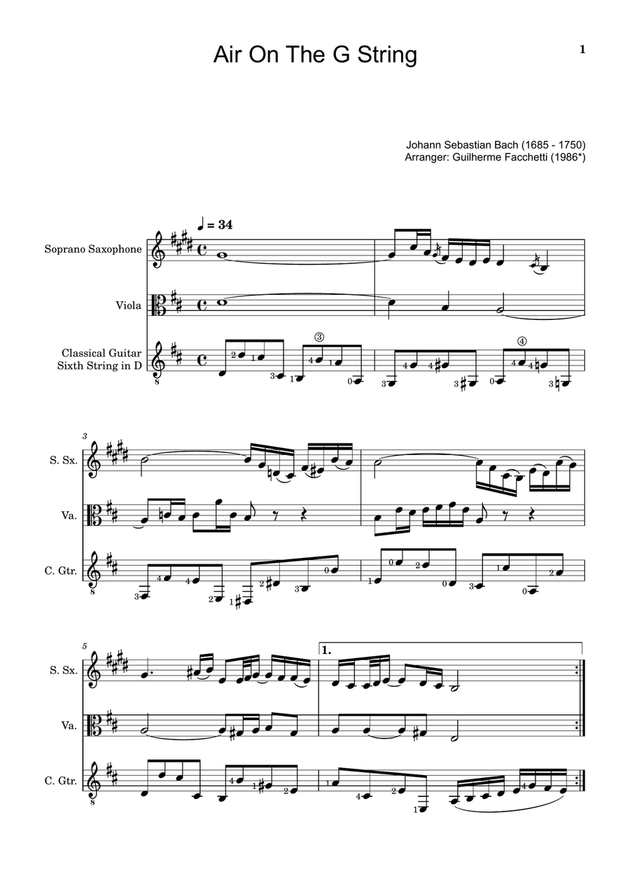 Air on the G String. For S. Sax, Viola and Guitar. Score and Parts. Small Ensemble scores gallery preview page 1