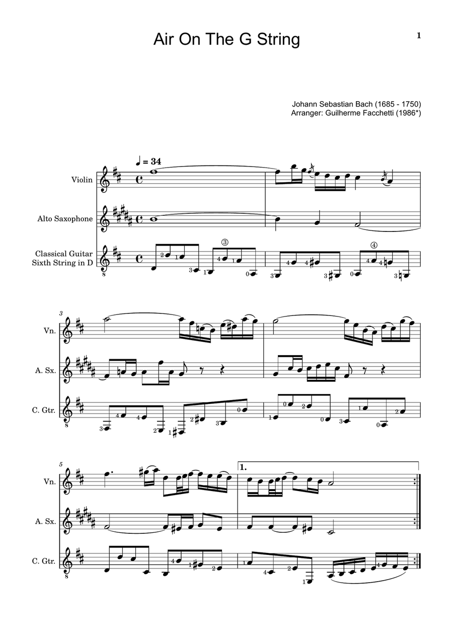 Air on the G String. For Violin, A. Sax and Guitar. Score and Parts. Small Ensemble scores gallery preview page 1