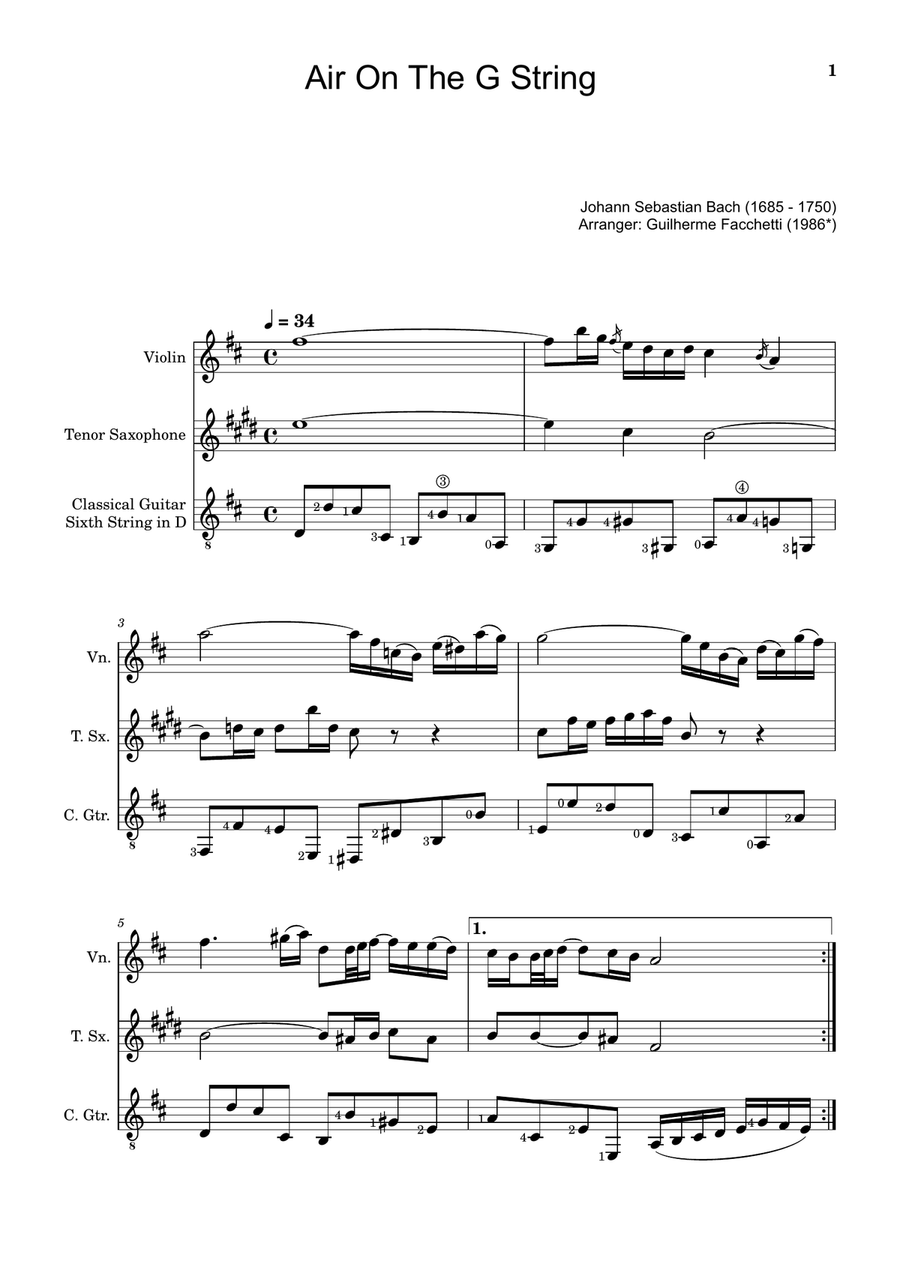 Air on the G String. For Violin, T. Sax. and Guitar. Score and Parts. Small Ensemble scores gallery preview page 1