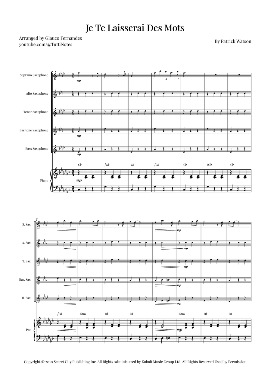 Je Te Laisserai Des Mots Saxophone Quintet scores gallery preview page 1
