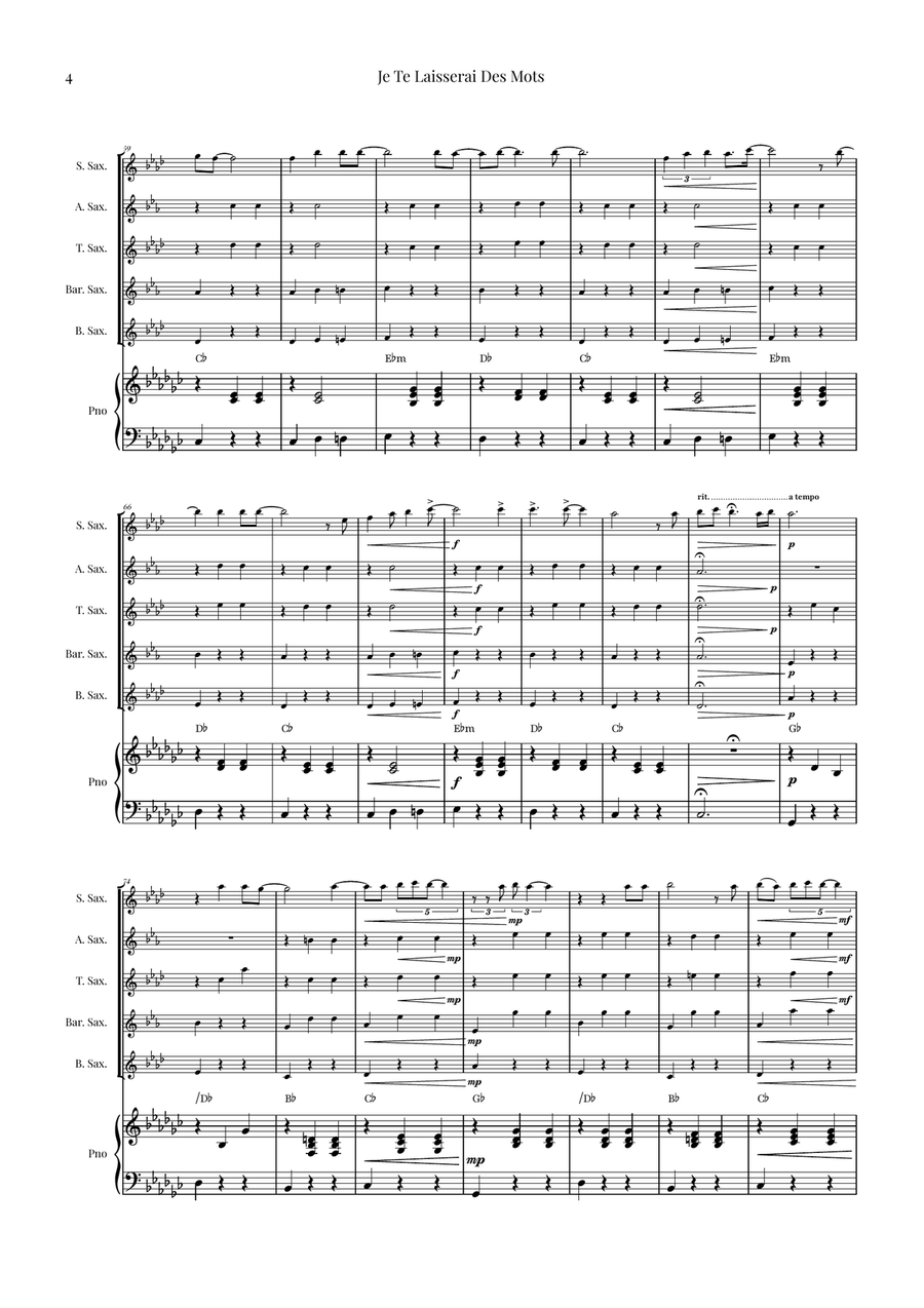 Je Te Laisserai Des Mots Saxophone Quintet scores gallery preview page 4