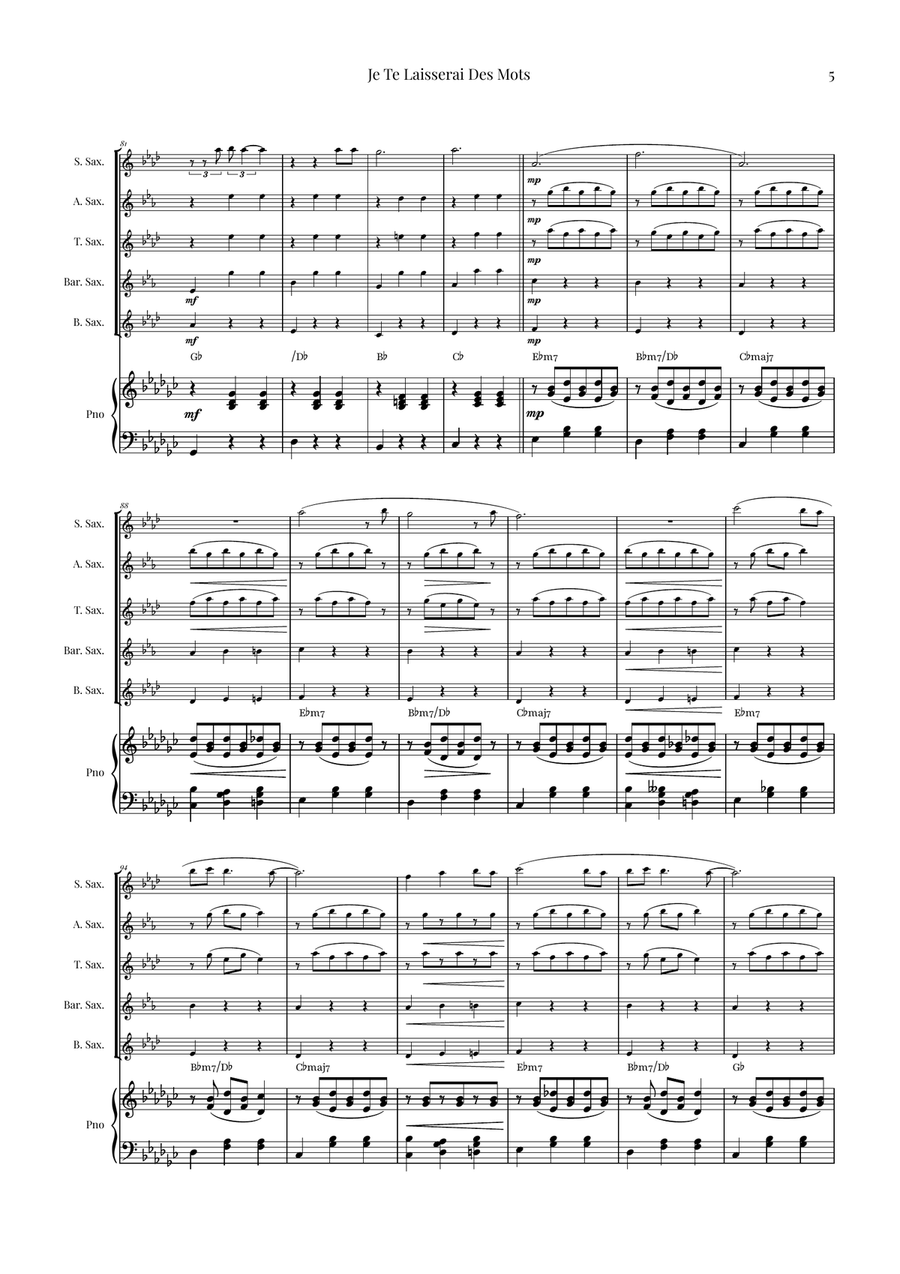 Je Te Laisserai Des Mots Saxophone Quintet scores gallery preview page 5