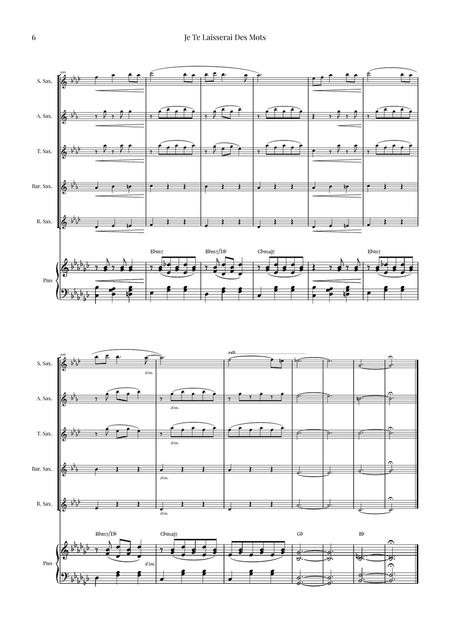 Je Te Laisserai Des Mots Saxophone Quintet scores gallery preview page 6